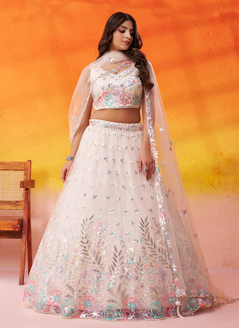 Off White Embroidered Partywear Lehenga Choli