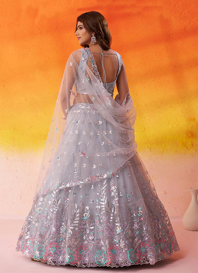 Grey Embroidered Partywear Lehenga Choli