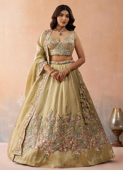 Olive Green Embroidered Tissue Silk Lehenga Choli
