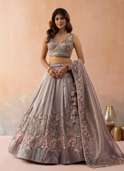 Lavender Embroidered Tissue Silk Lehenga Choli