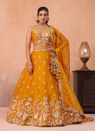 Orange Embroidered Tissue Silk Lehenga Choli