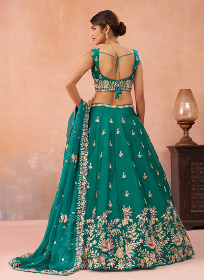 Rama Green Embroidered Tissue Silk Lehenga Choli