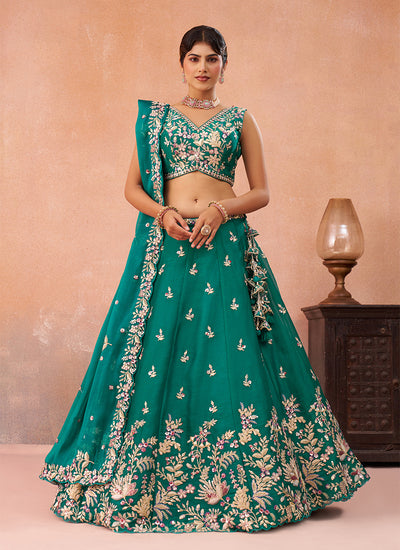 Rama Green Embroidered Tissue Silk Lehenga Choli