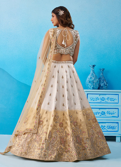 White and Beige Embroidered Tissue Silk Lehenga Choli