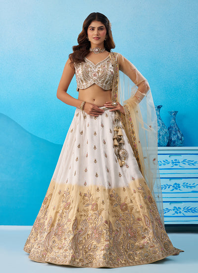 White and Beige Embroidered Tissue Silk Lehenga Choli