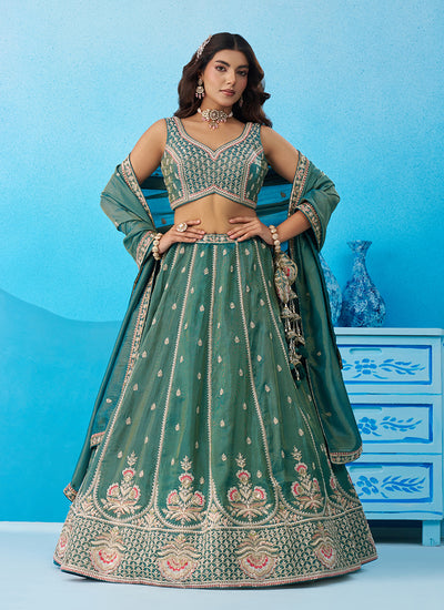 Peacock Green Embroidered Tissue Silk Bridal Lehenga Choli