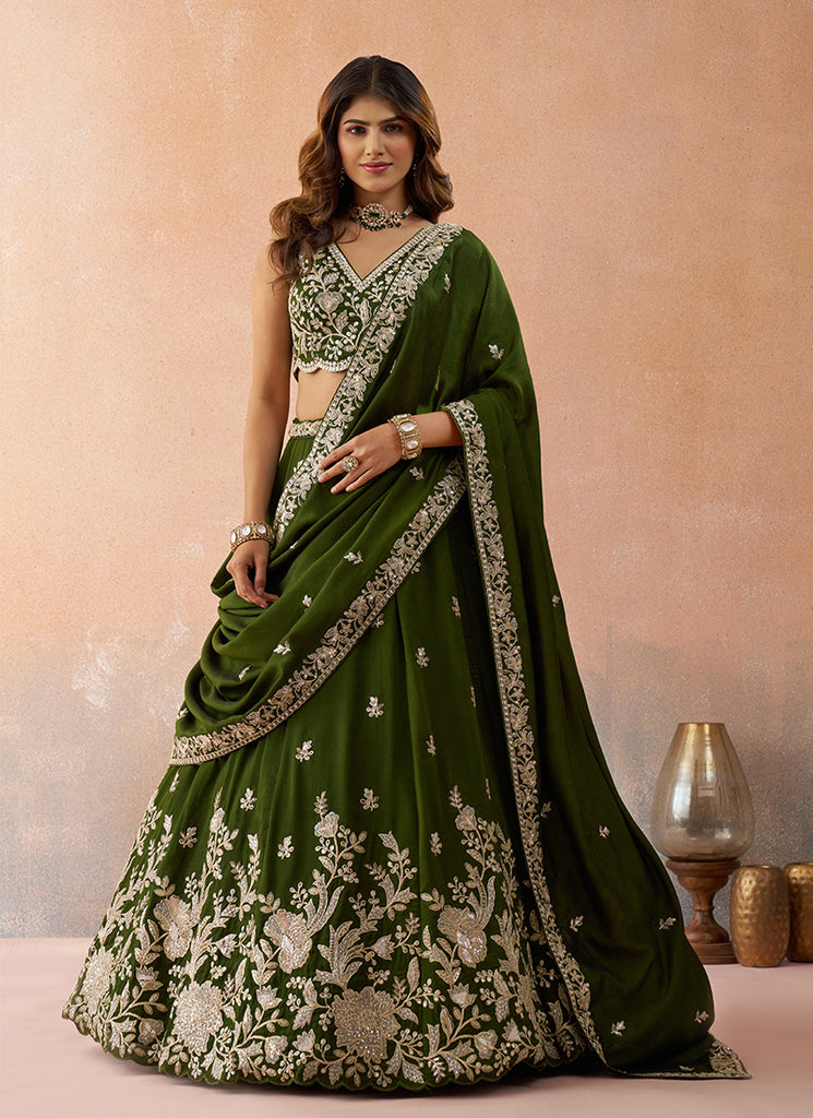 Olive Green Embroidered Tissue Silk Bridal Lehenga Choli