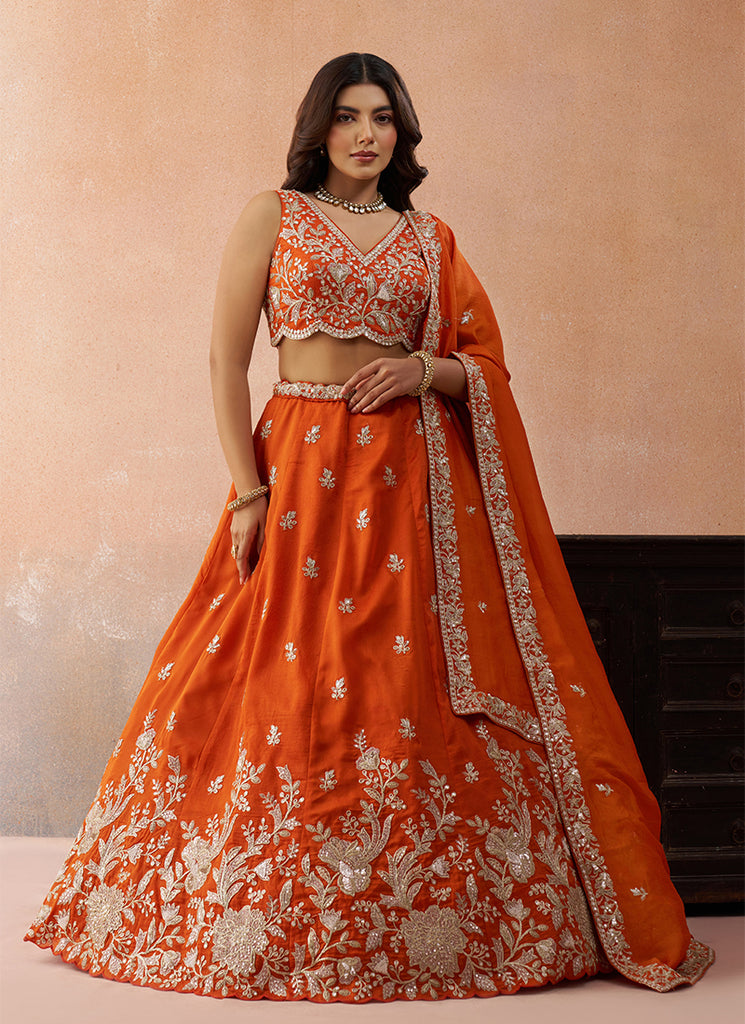 Orange Embroidered Tissue Silk Bridal Lehenga Choli