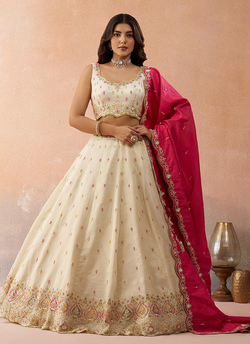 Off White and Magenta Multi Embroidered Bridal Lehenga Choli