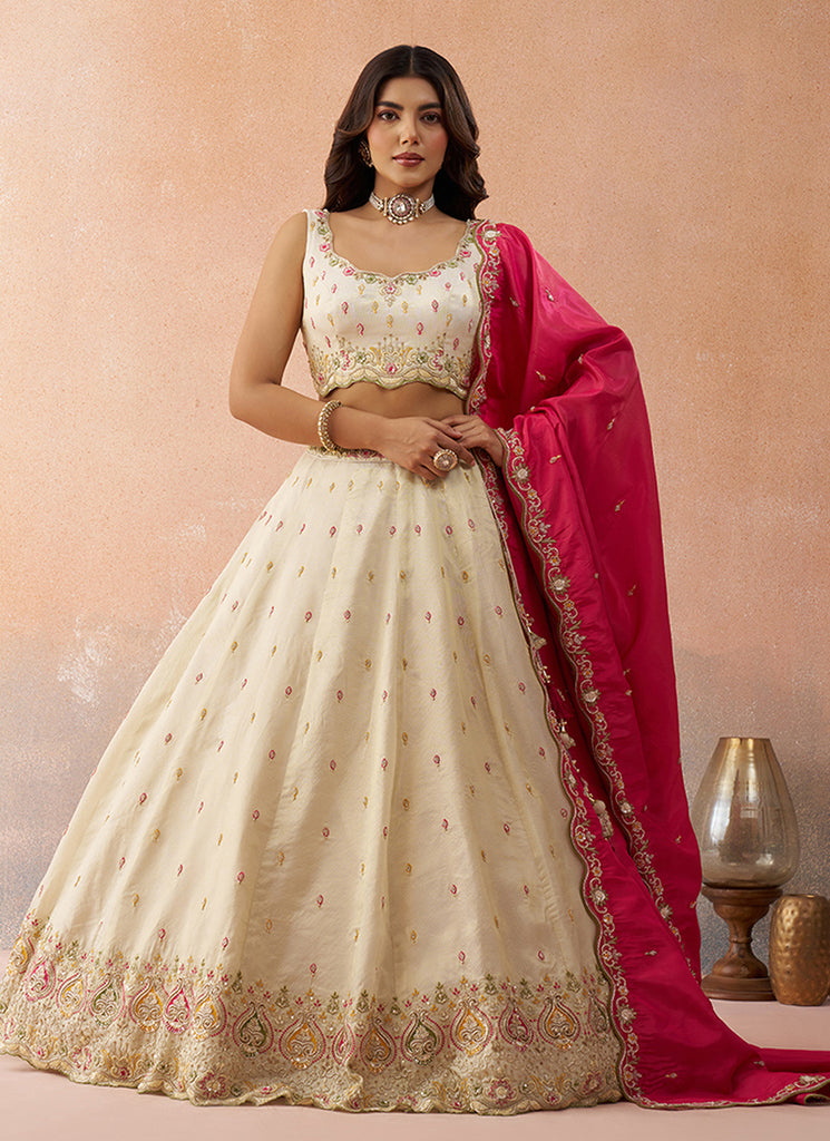 Off White and Magenta Multi Embroidered Bridal Lehenga Choli