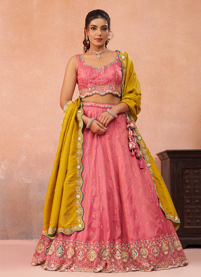 Pink and Yellow Multi Embroidered Bridal Lehenga Choli