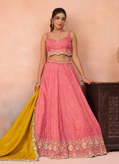 Pink and Yellow Multi Embroidered Bridal Lehenga Choli