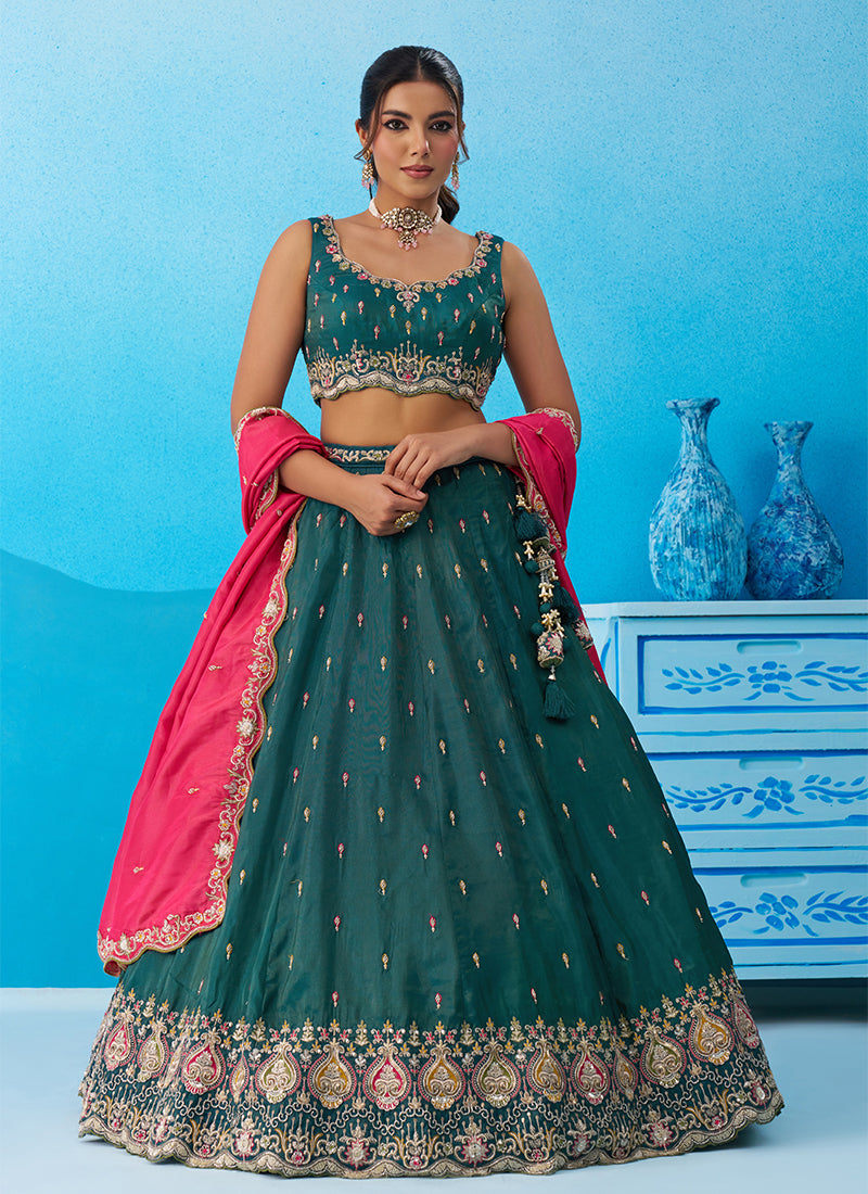 Turquoise and Pink Multi Embroidered Bridal Lehenga Choli