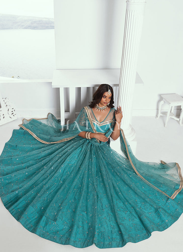 Deep Aqua Embroidered Party Wear Lehenga Choli xxs Deep Aqua Embroidered Party Wear Lehenga Choli xxs