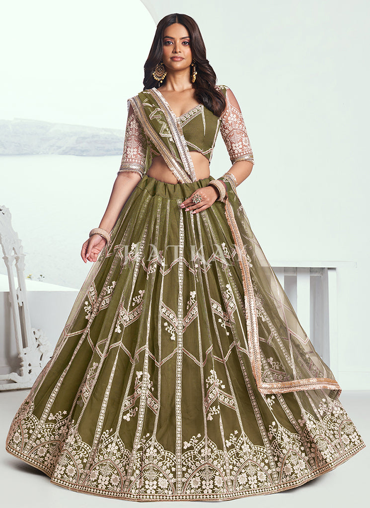 Buy Olive Green Embroidered Party Wear Lehenga Choli | Hatkay Buy Olive Green Embroidered Party Wear Lehenga Choli | Hatkay