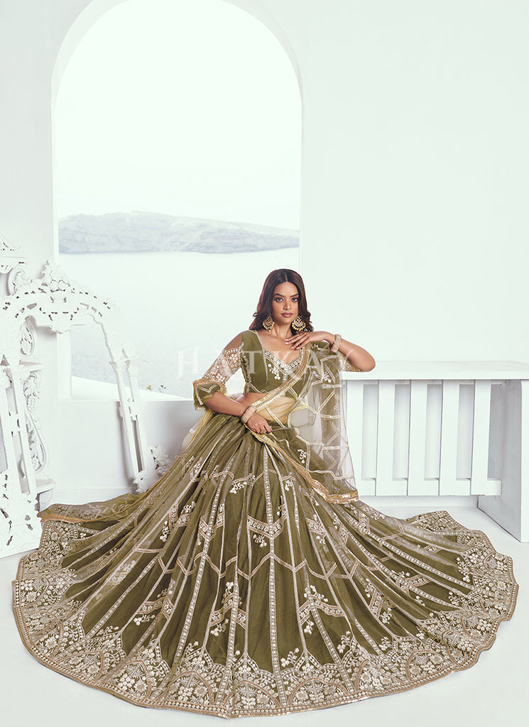 Buy Olive Green Embroidered Party Wear Lehenga Choli | Hatkay Buy Olive Green Embroidered Party Wear Lehenga Choli | Hatkay