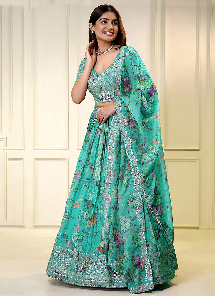 Sea Green Embroidered Organza Lehenga Choli