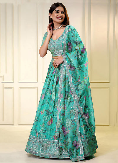 Sea Green Embroidered Organza Lehenga Choli