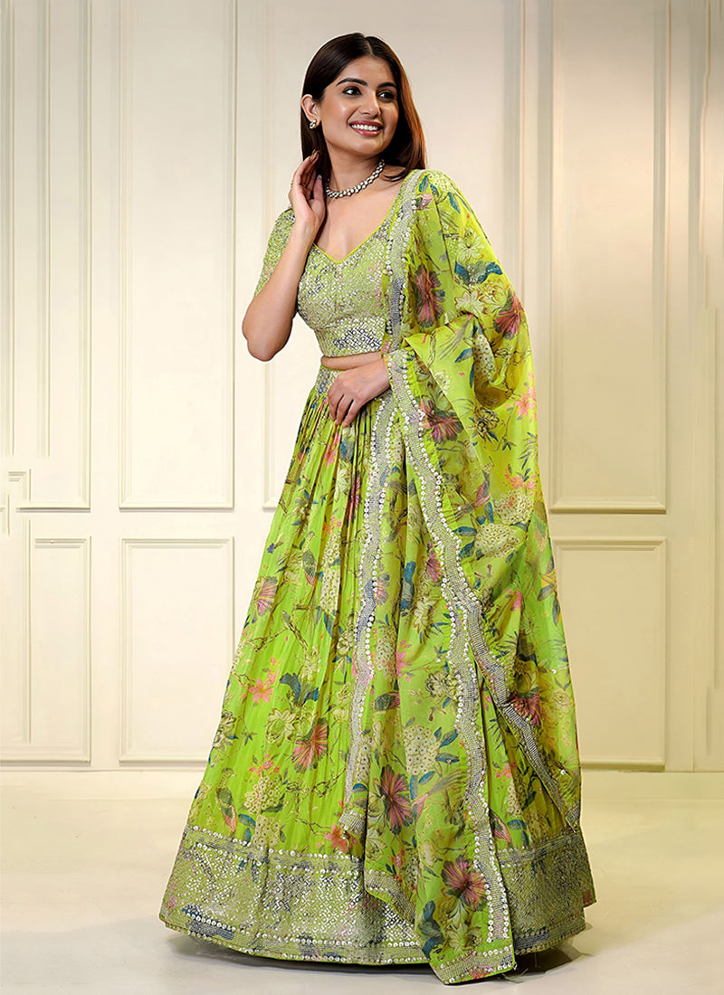 Neon Green Embroidered Organza Lehenga Choli