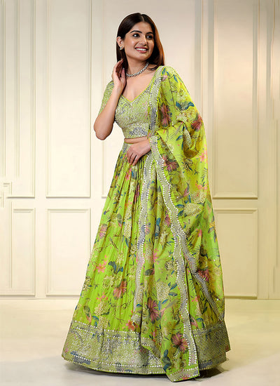 Neon Green Embroidered Organza Lehenga Choli