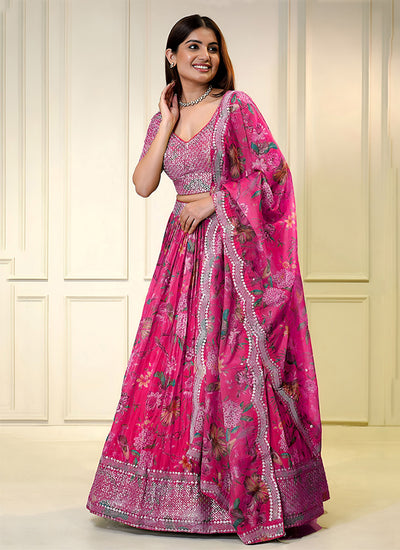 Hot Pink Embroidered Organza Lehenga Choli