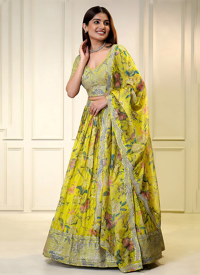 Lime Yellow Embroidered Organza Lehenga Choli