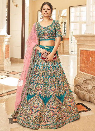 Turquoise And Pink Embroidery Wedding Lehenga Choli