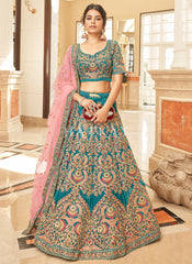 Turquoise And Pink Embroidery Wedding Lehenga Choli