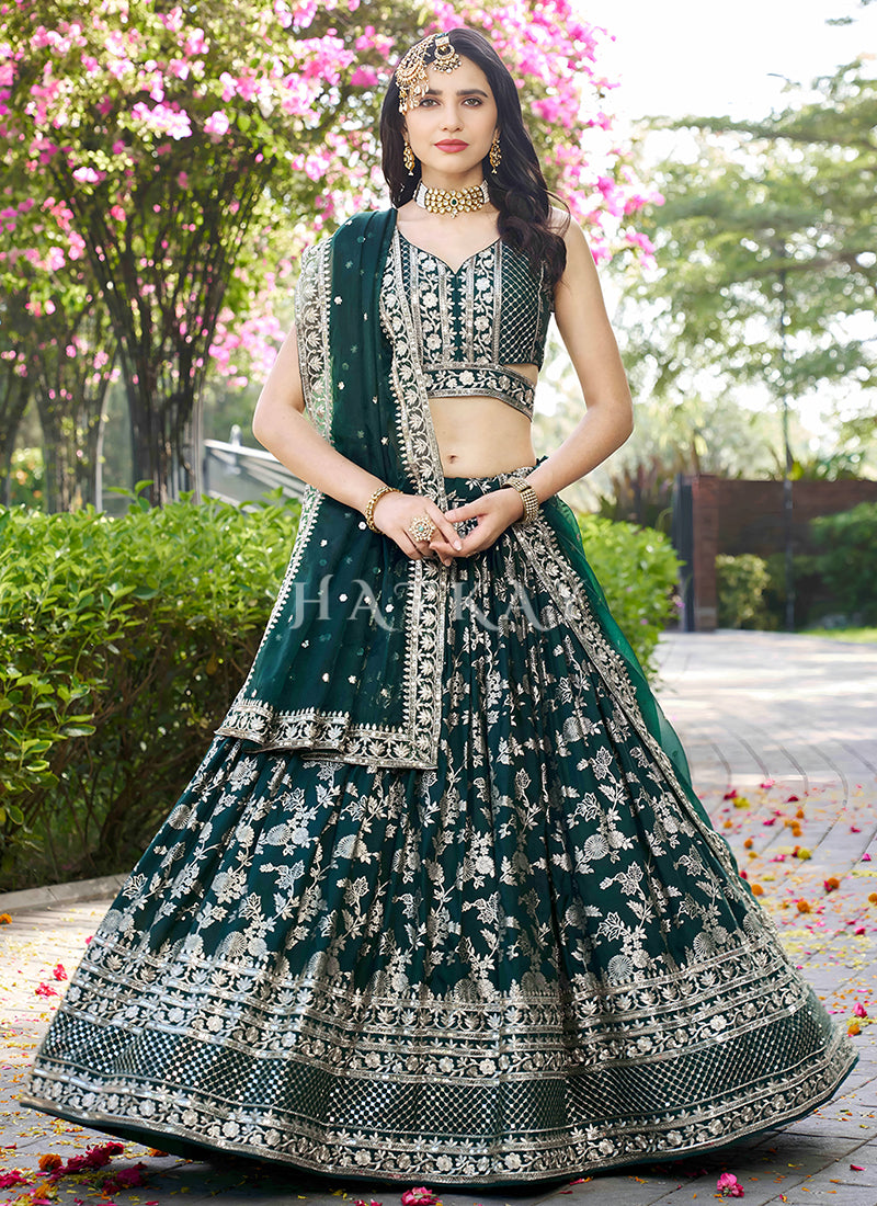 Dark Green Embroidered Party Wear Lehenga Choli