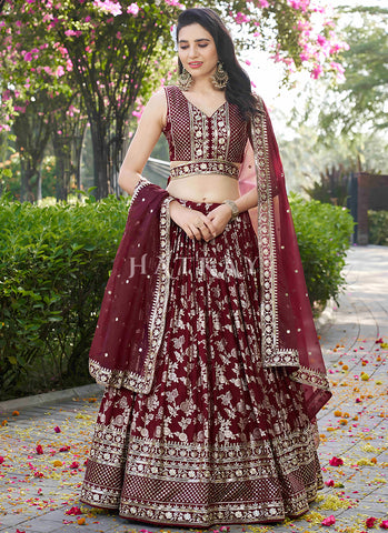 Maroon Embroidered Party Wear Lehenga Choli
