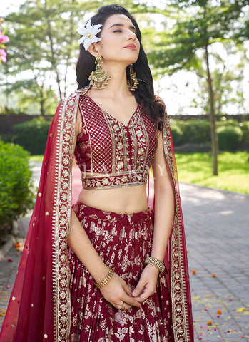 Maroon Embroidered Party Wear Lehenga Choli