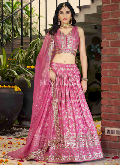 Hot Pink Embroidered Party Wear Lehenga Choli