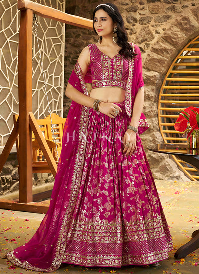 Magenta Pink Embroidered Party Wear Lehenga Choli