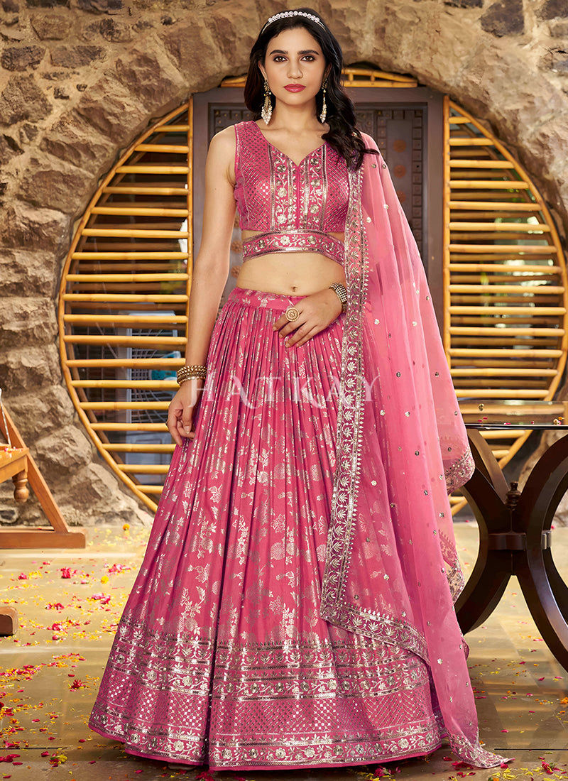 Coral Pink Embroidered Party Wear Lehenga Choli