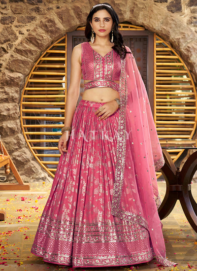 Coral Pink Embroidered Party Wear Lehenga Choli
