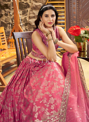 Coral Pink Embroidered Party Wear Lehenga Choli