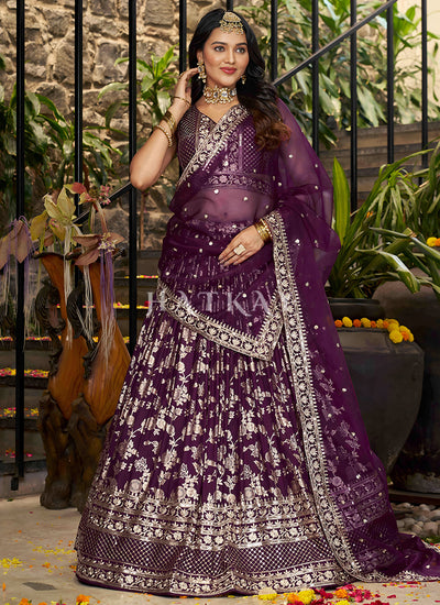 Deep Wine Embroidered Party Wear Lehenga Choli
