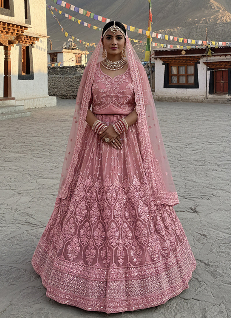 Rose Pink Embroidered Wedding Lehenga Choli
