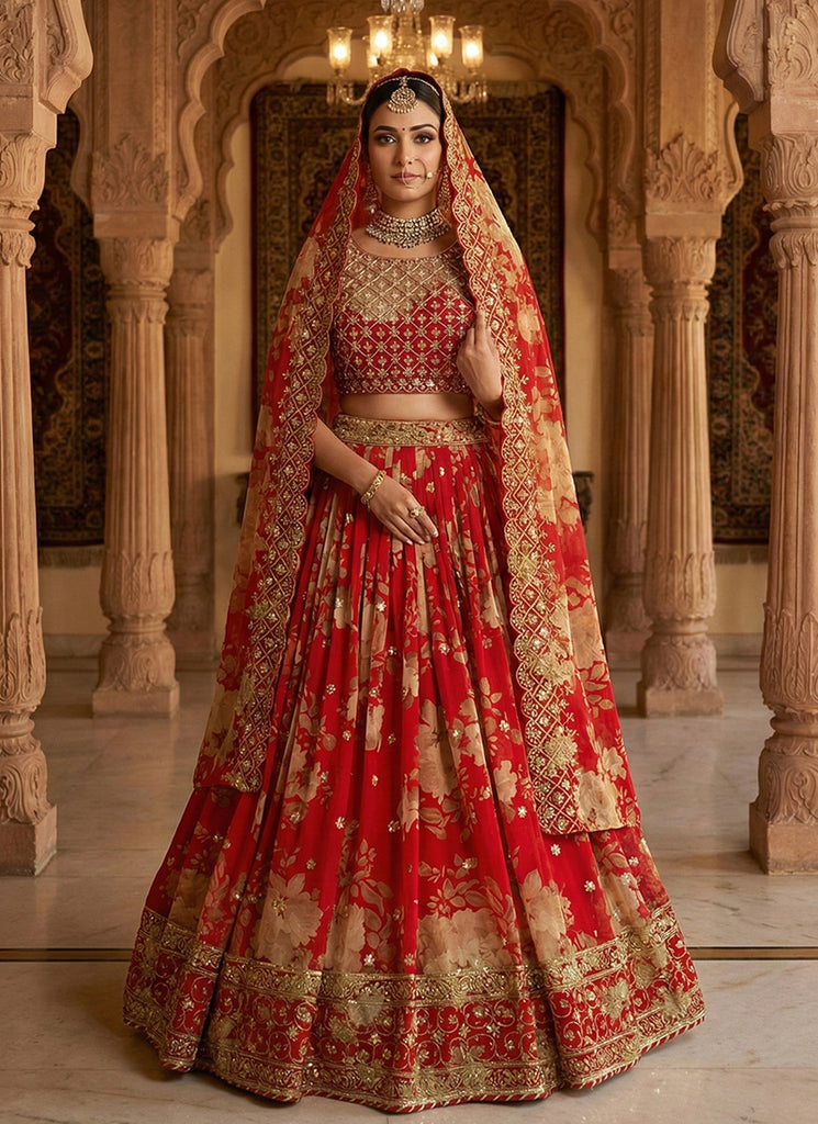 Deep Red Embroidered Georgette Lehenga Choli