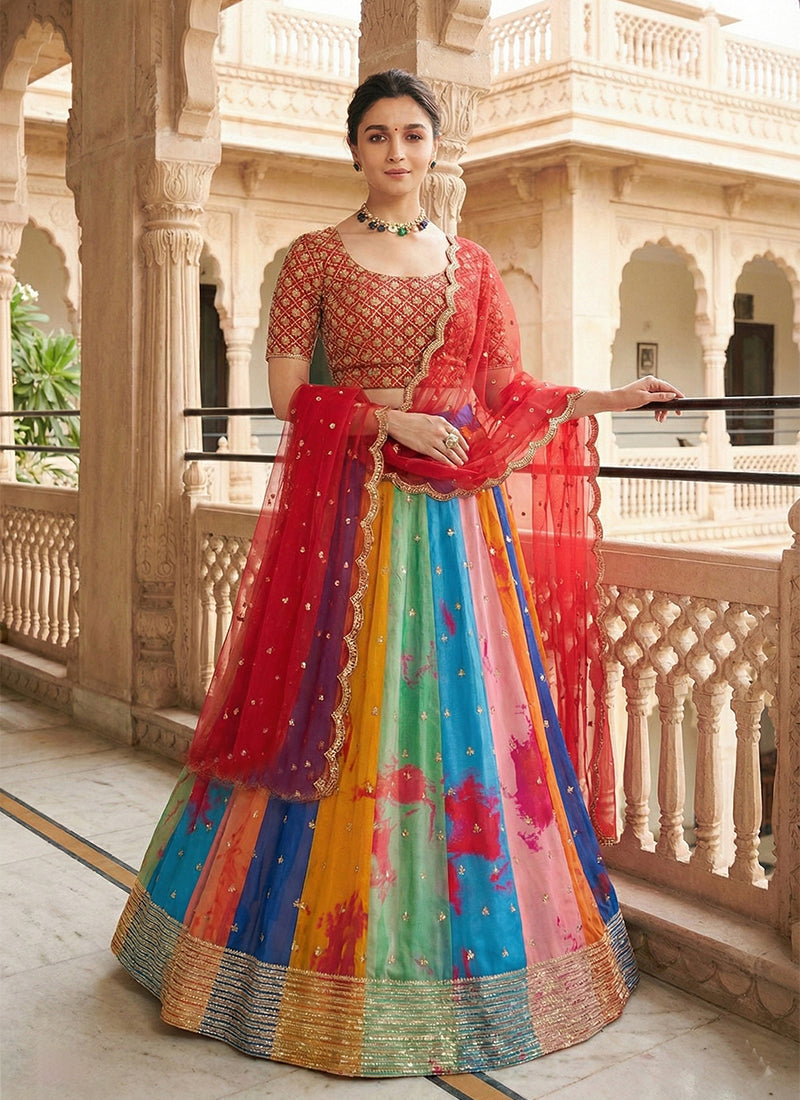 Red Multi Embroidered Georgette Lehenga Choli