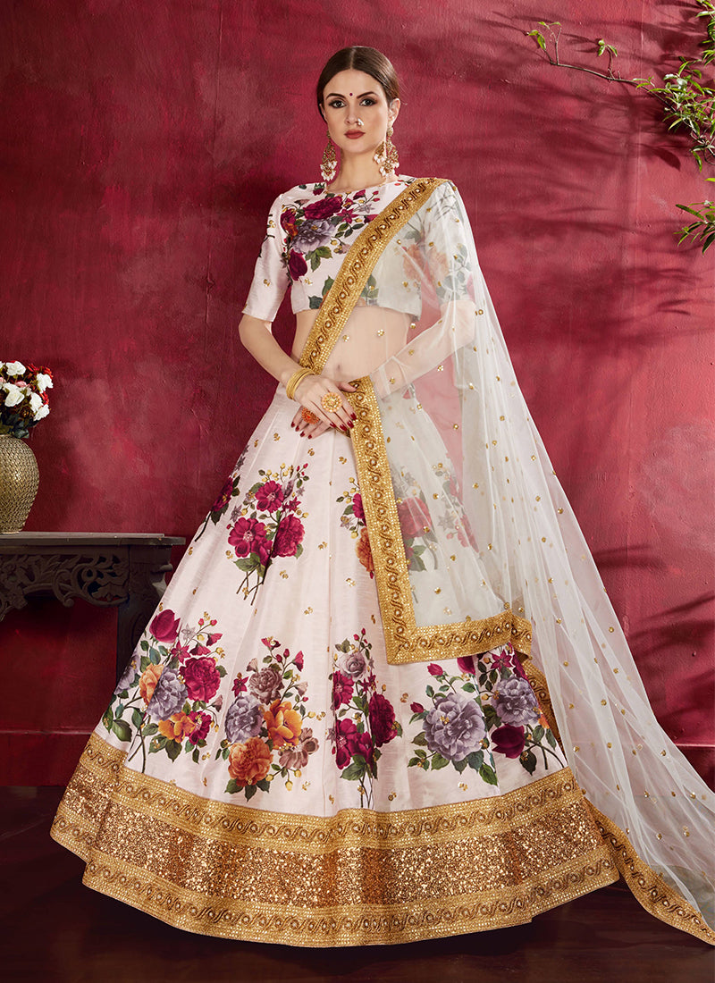Off White Sequins Embroidery Floral Lehenga Choli
