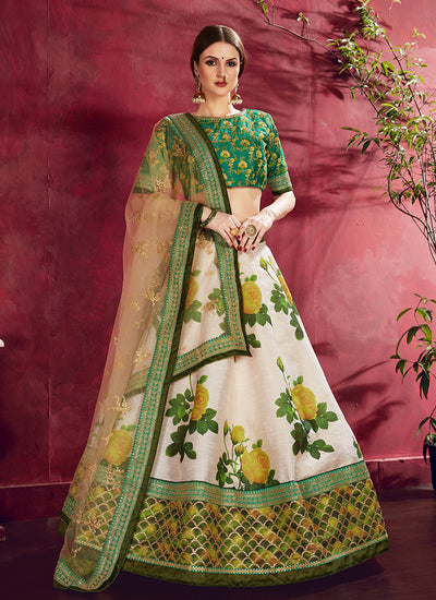 Cream Green Sequins Embroidery Floral Lehenga Choli