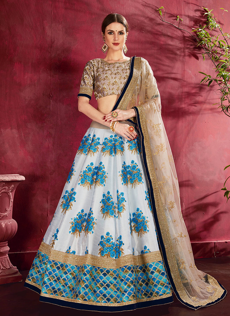 Blue Beige Sequins Embroidery Floral Lehenga Choli