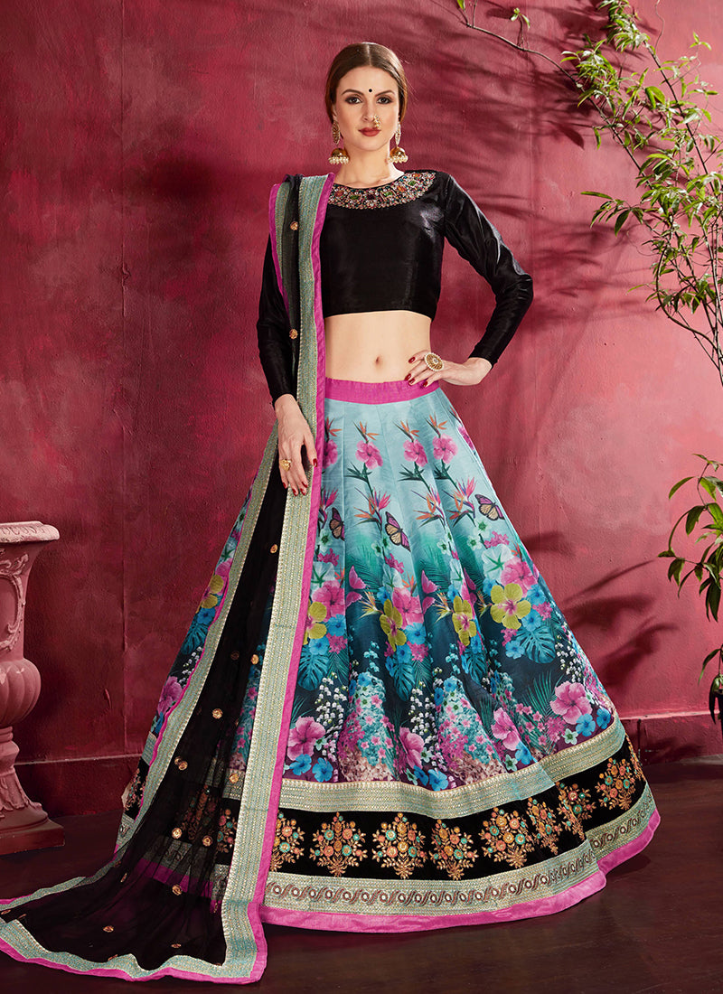 Black Blue Sequins Embroidery Floral Lehenga Choli