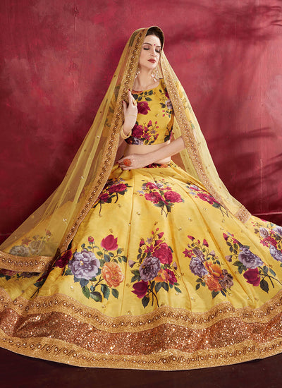 Yellow Sequins Embroidery Floral Lehenga Choli