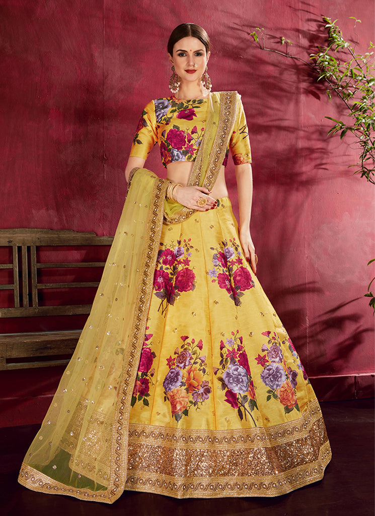 Yellow Sequins Embroidery Floral Lehenga Choli