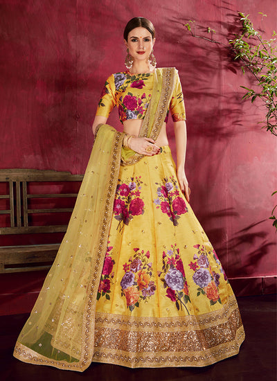 Yellow Sequins Embroidery Floral Lehenga Choli