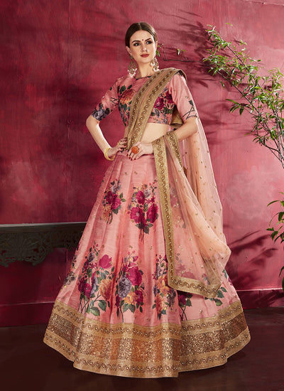 Peach Sequins Embroidery Floral Lehenga Choli