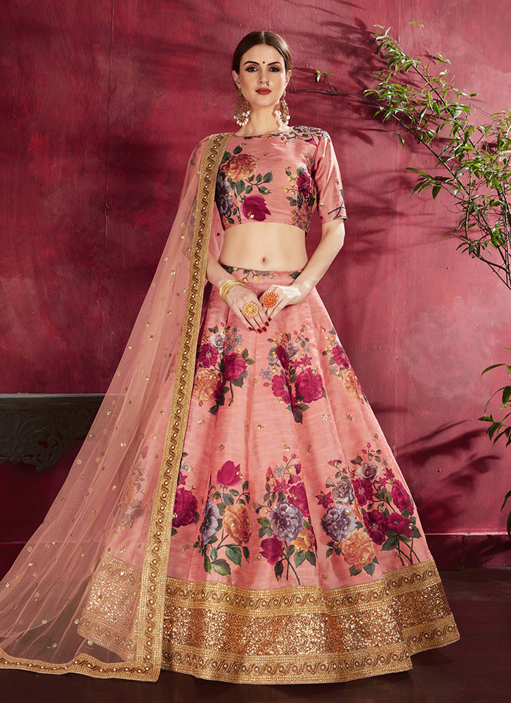 Peach Sequins Embroidery Floral Lehenga Choli