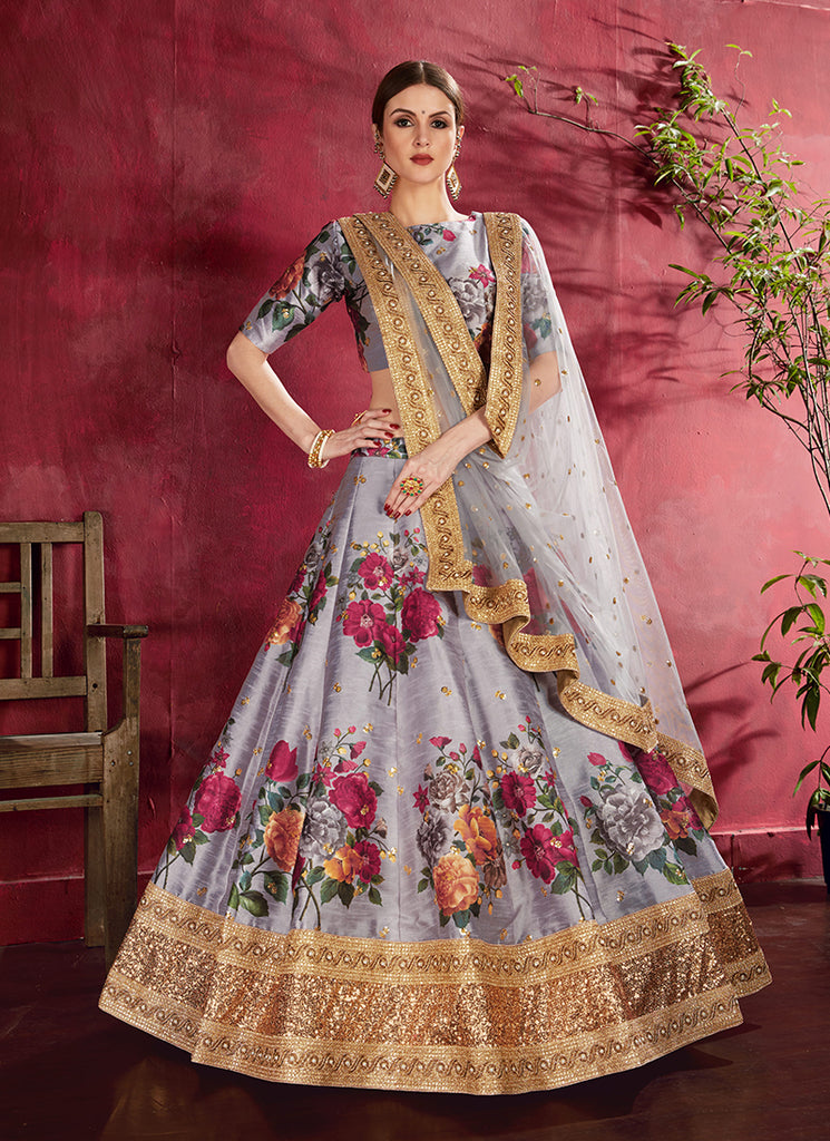 Grey Sequins Embroidery Floral Lehenga Choli